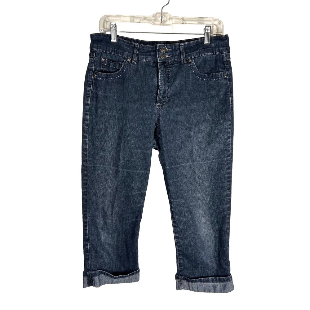 Bandolinoblu Womens Dark Wash Denim Capri Jeans Size 10 Cuffed Back Flap Pockets